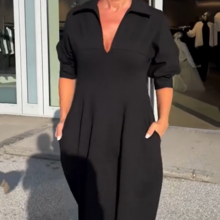 Victoria - Vestido midi con escote en V, solapas y cintura marcada